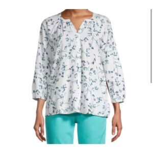 St. Johns Bay Womens Long Sleeve Blouse Slit Crew Neck Floral Button White M